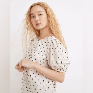 NWT Madewell Cream Top with Black Dots Tie-Back Puff-Sleeve in Clip Dot 2X Plus